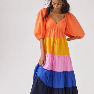 Farm Rio x Anthropologie Colorblock Maxi Dress Balloon Sleeve